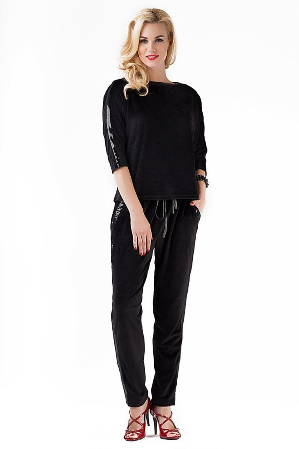 Домашний костюм из бархатистой ткани с декором из пайеток (Размер: XL) (Цвет: черный)
