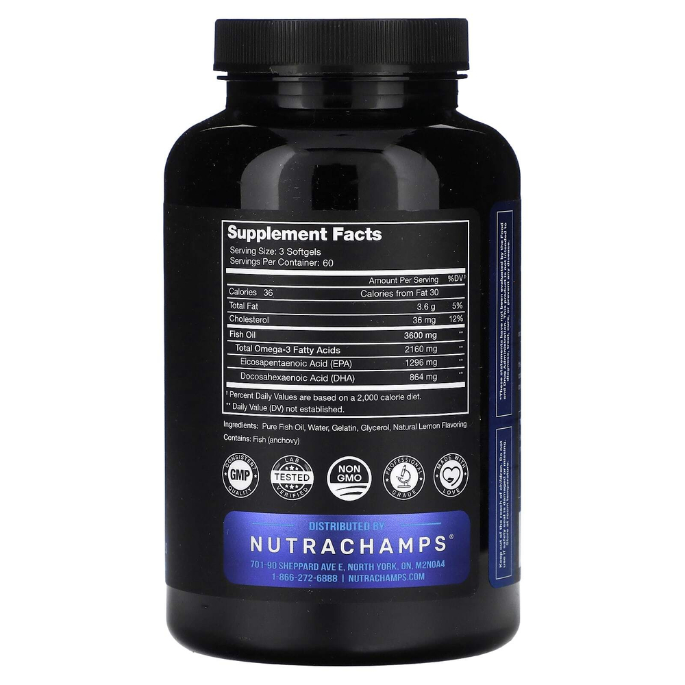 NutraChamps, Рыбий жир с омега-3, натуральный лимон, 180 капсул