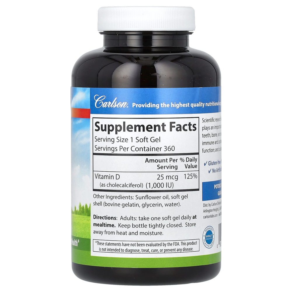 Carlson, Витамин D3, 25 мкг (1000 МЕ), 360 мягких таблеток