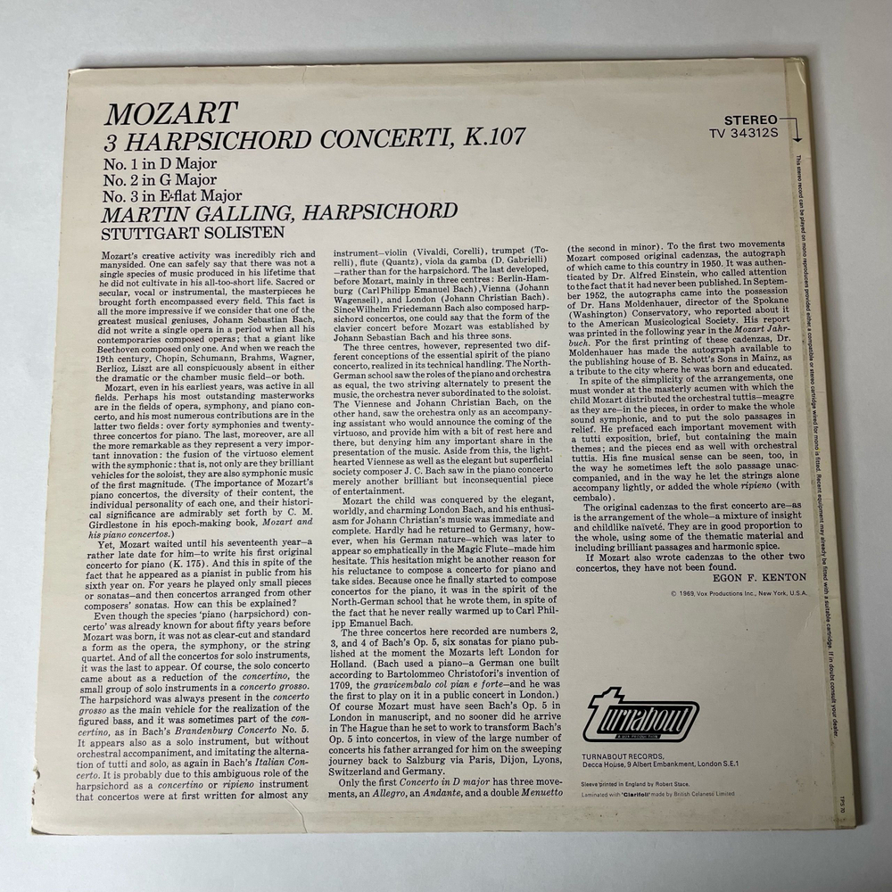 Винтажная виниловая пластинка LP Mozart Моцарт, Martin Galling, Stuttgarter Solisten, 3 Harpsichord Concerti K. 107 (Англия 1969)