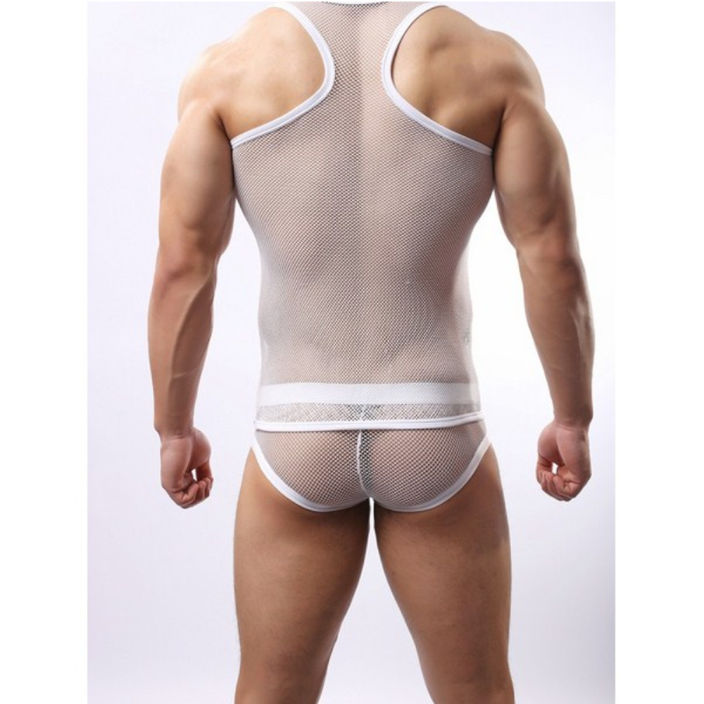 Мужская майка белая в крупную сетку WowHomme Mesh Sheer See White