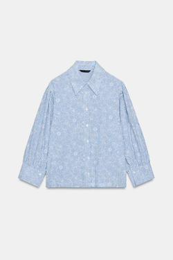 ZARA РУБАШКА В ПОЛОСКУ С ЦВЕТОЧНЫМ ПРИНТОМ, СИНИЙ/БЕЛЫЙ