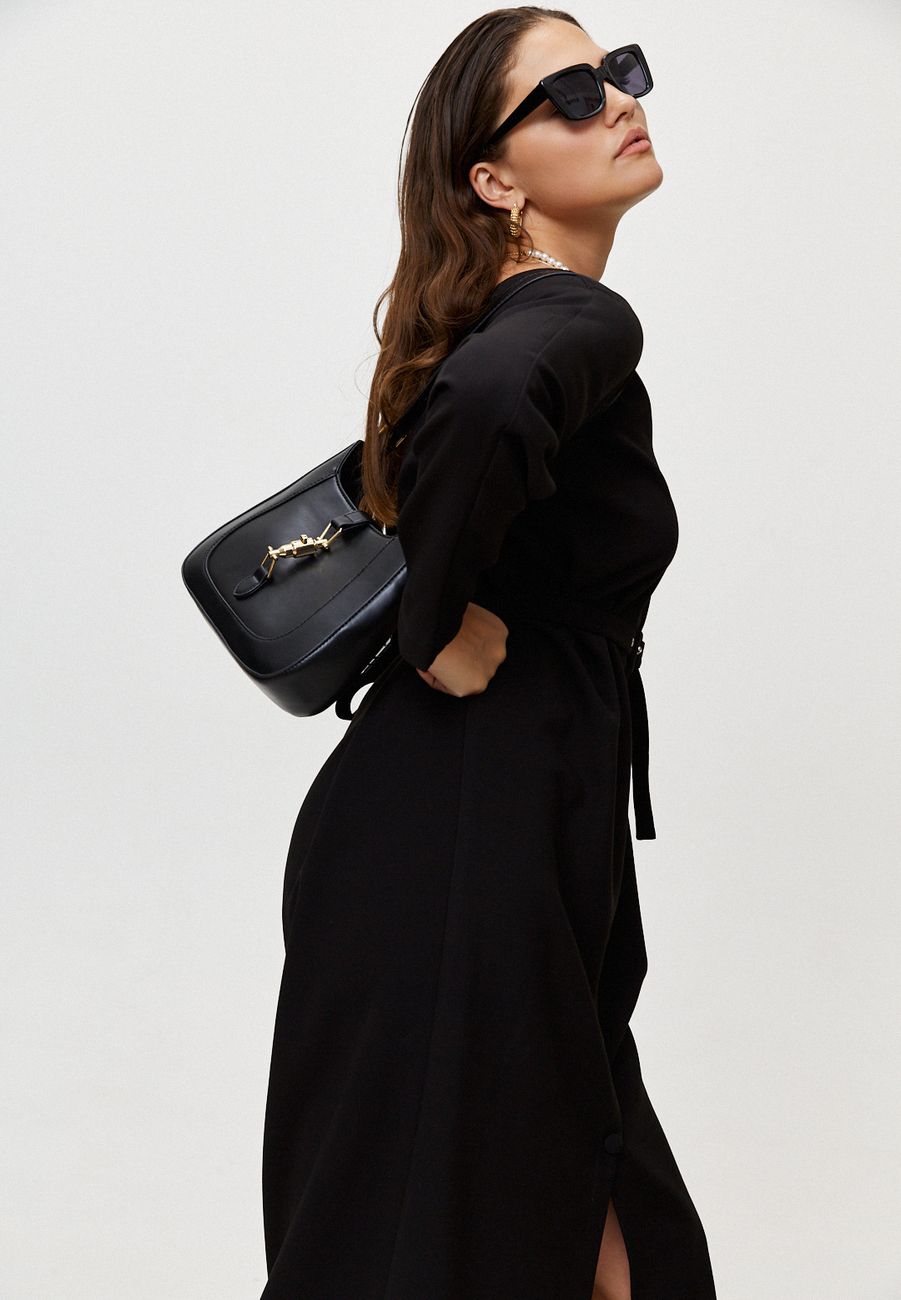 Платье на пуговицах с поясом, черный