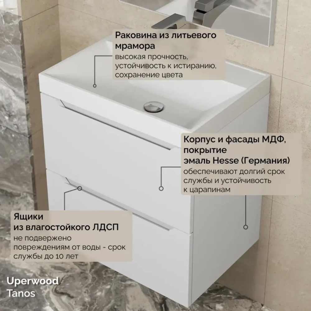 Тумба с раковиной Uperwood Tanos 50 см, подвесная, белая матовая