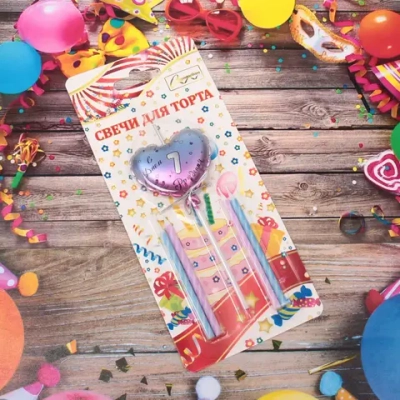 Свечи для торта Цифра Воздушное сердце «7» (свечи 8 см, сердце 5*13 см)