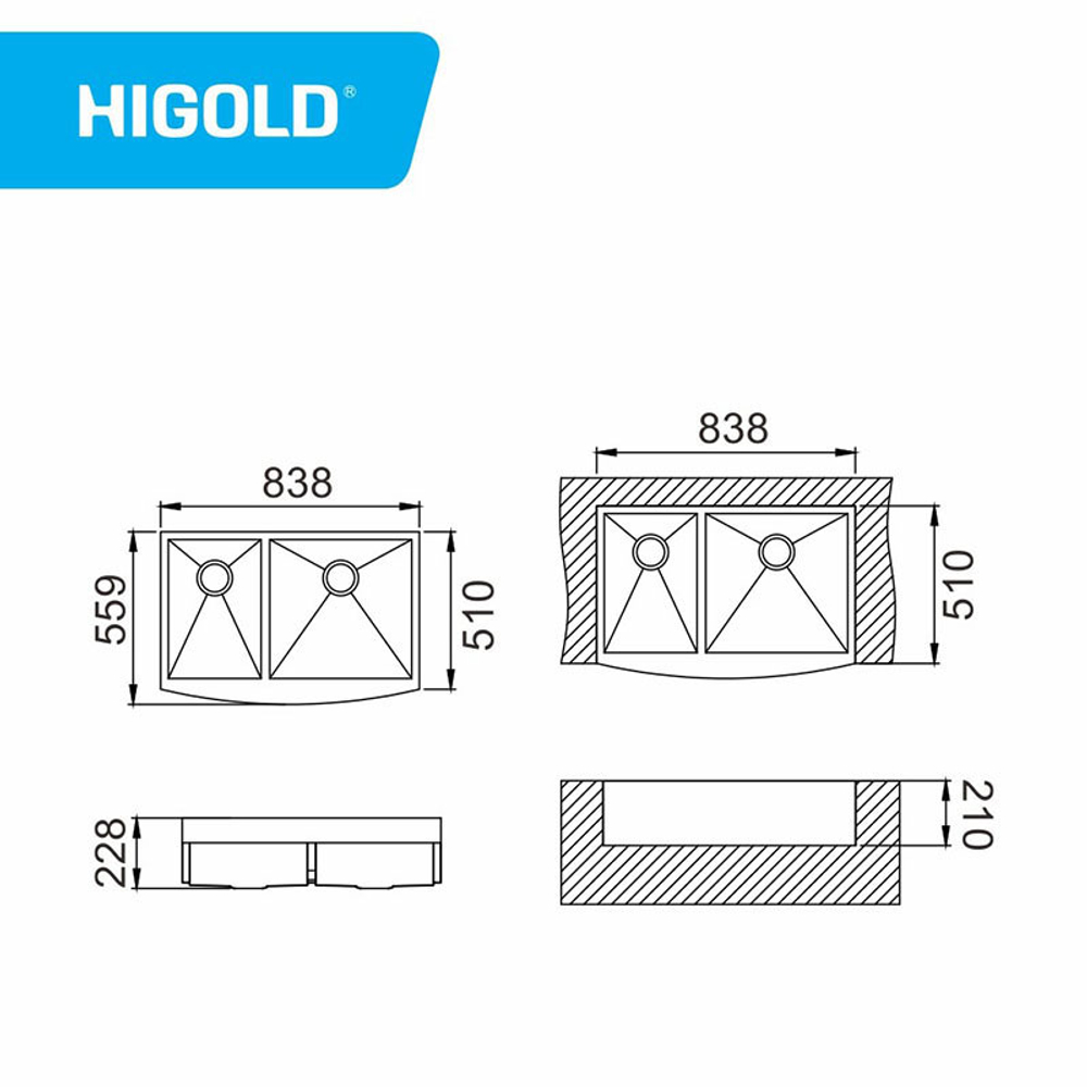 Кухонная мойка, 838x559x228 мм, 2 чаши