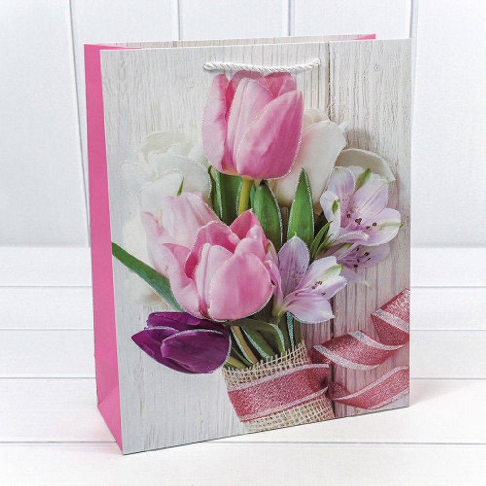 Пакет подарочный 26х32х10см Премиум "Тюльпаны" с блёстками (Микс)