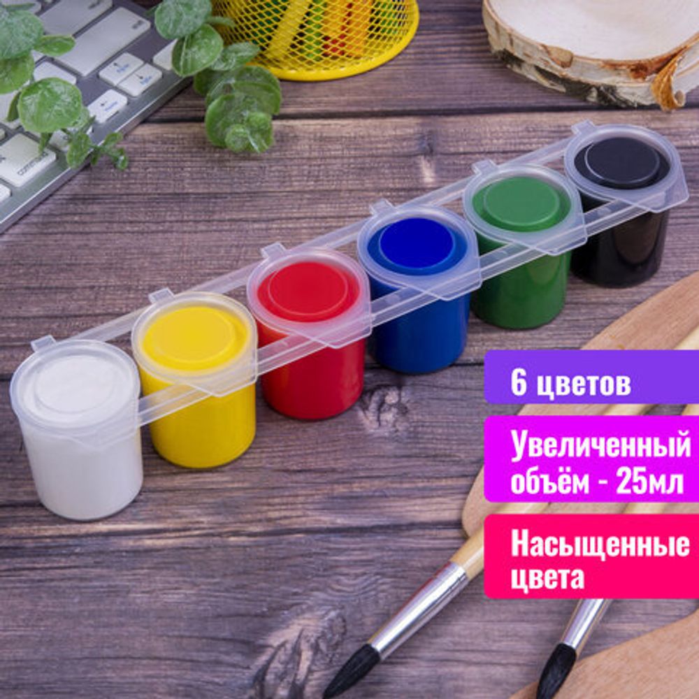 Гуашь BRAUBERG "PREMIUM", 6 цветов по 25 мл, 191699