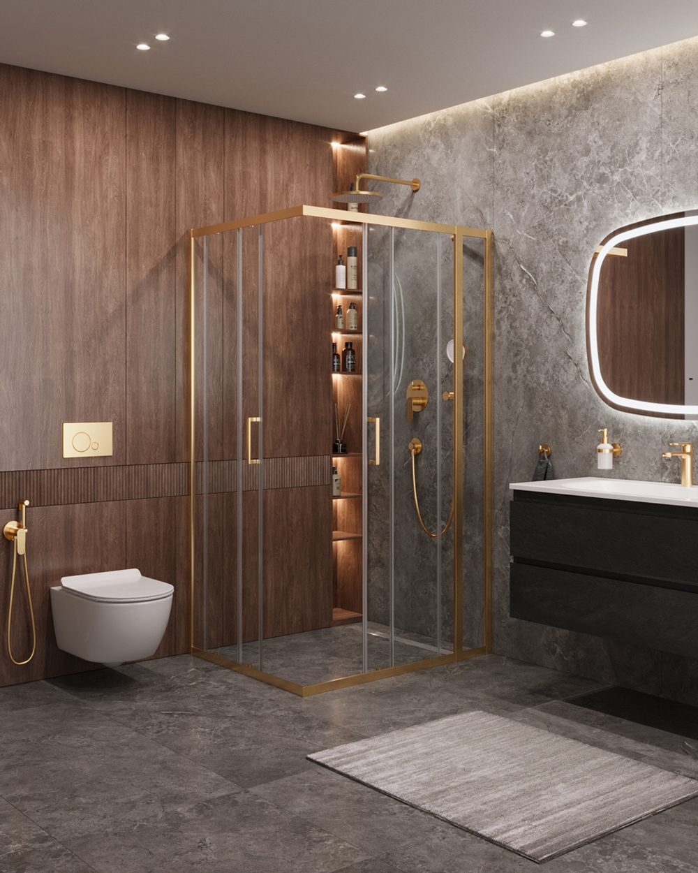 Душевой уголок Cezares MOLVENO-AH-21-100+30-C-BORO-IV, 130х100х195, профиль брашированное золото, прозрачное стекло