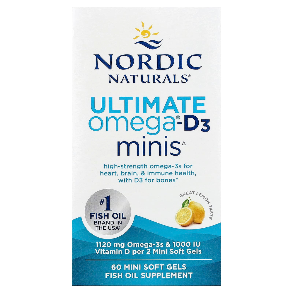 Nordic Naturals, Ultimate Omega®-D3 2X, лимон, 60 мини-капсул