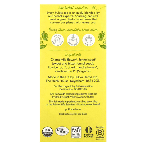 Pukka Herbs, Органический травяной чай, ромашка, ваниль и мед манука, без кофеина, 20 пакетиков, 32 г (1,12 унции)