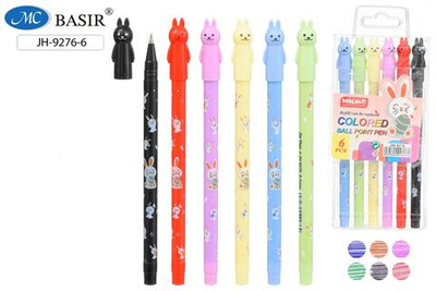 Набор ручек шарик. масл. 6цв. 0,7мм. "Зайчики" корп.в цвет чернил, пласт.упакет (Basir)