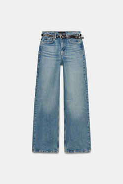 ZARA ДЖИНСЫ Z1975 С ВЫСОКОЙ ПОСАДКОЙ, ЗАУЖЕННЫЕ КНИЗУ, С РЕМНЕМ, ГОЛУБОЙ