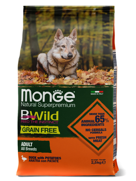 Сухой корм Monge Dog BWild GRAIN FREE, для взрослых собак, беззерновой, утка с картофелем 2,5 кг