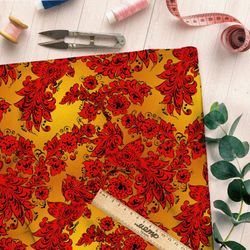 Ткань атлас хохломские узоры красные