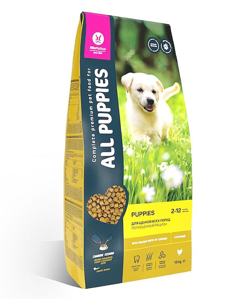 Сухой полнорационный корм для щенков ALL PUPPIES с курицей 13+2 кг
