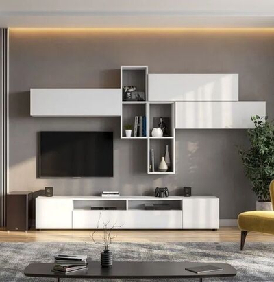 Гостиная-2 белая "ТК" в комплекте (тумба ТВ МС 2/шкаф навесной 3шт./полка книжная 2шт.)