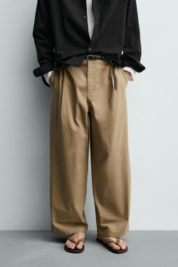 ZARA БРЮКИ WIDE FIT СО СКЛАДКАМИ, БЕЖЕВЫЙ