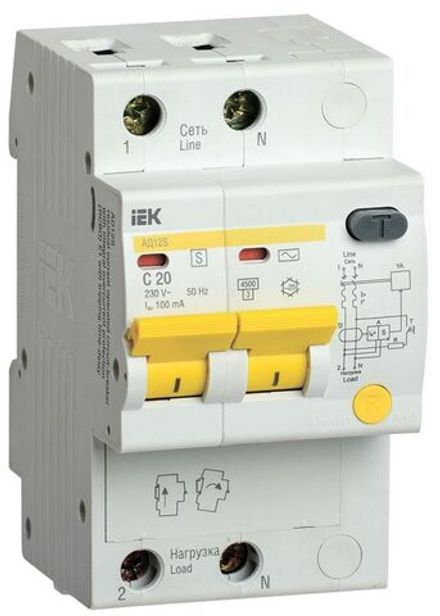 Выключатель автоматический дифференциального тока 2п 20А 100мА АД12S тип AC селект. KARAT IEK MAD13-2-020-C-100