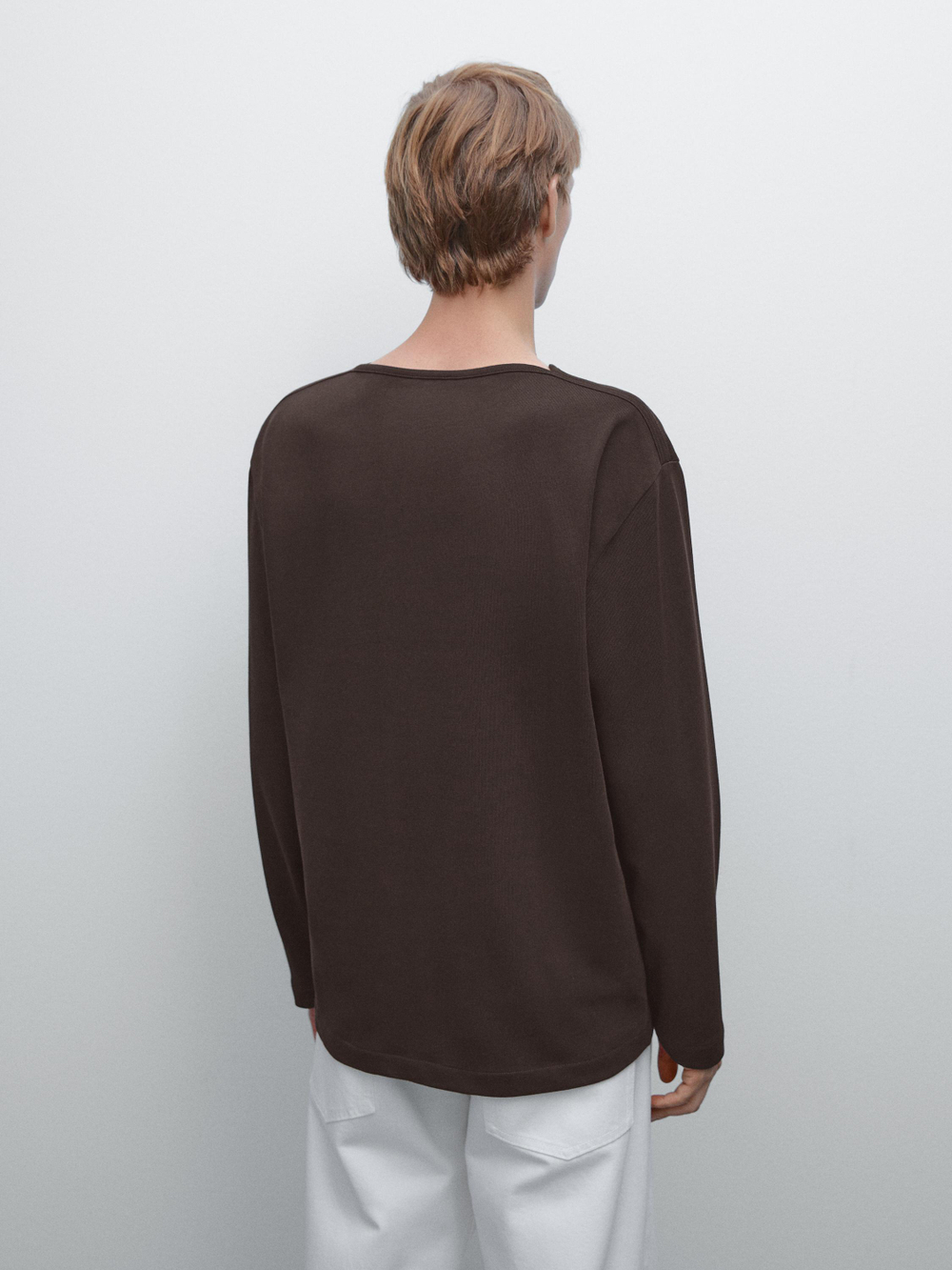 Massimo Dutti Футболка с длинными рукавами из плотной ткани, шоколадно-коричневый