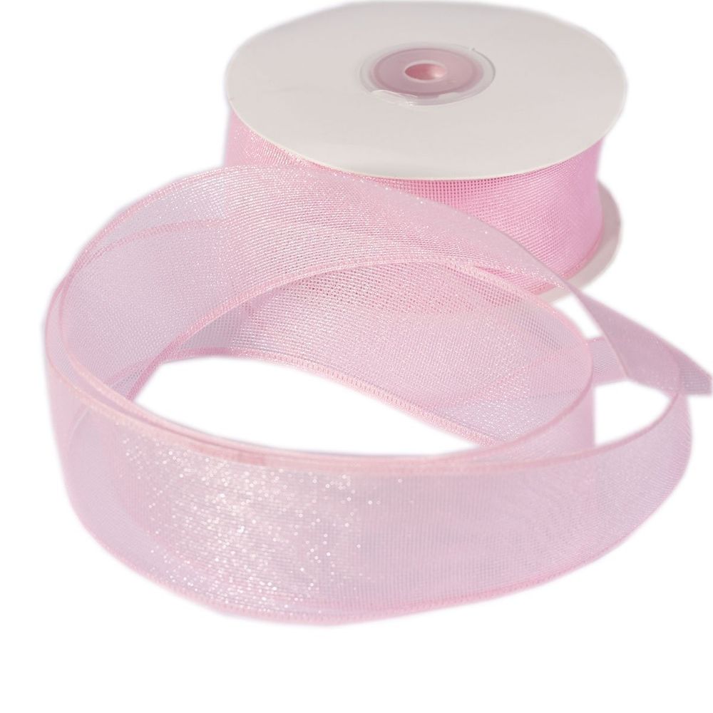 Декоративная лента капроновая для декора и флористики, 4 см, намотка 25 ярдов, нежно- розовый с блеском, дизайн мелкая сетка