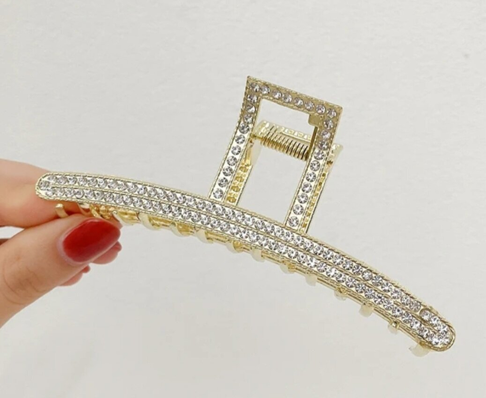 Заколка Краб Блестящий зажим для волос с квадратной дугой со стразами. Металлический. Усиленный.  Цвет золото.
