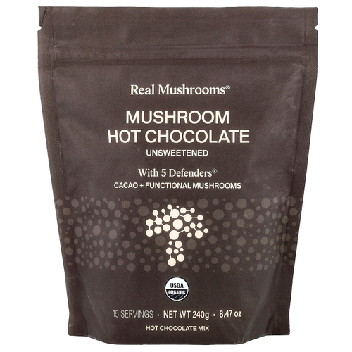 Real Mushrooms, горячий шоколад с грибами и 5 Defenders®, без подсластителей, 240 г (8,47 унции)