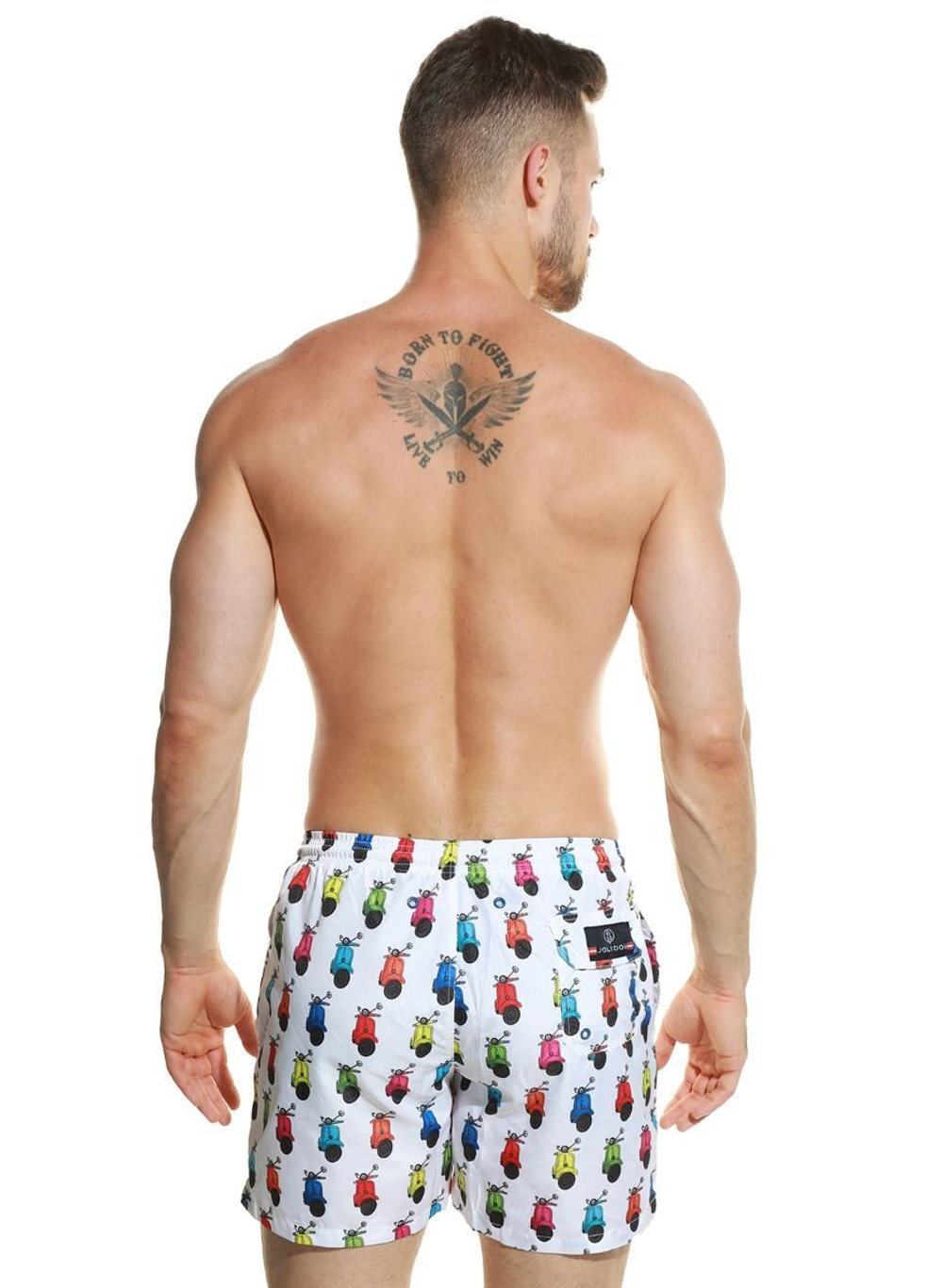 Мужские пляжные шорты с принтом в виде цветных мопедов (Размер: L) (Цвет: белый)