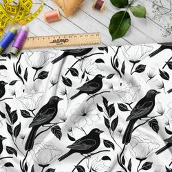 Ткань премиум таффета темные соловьи на белом