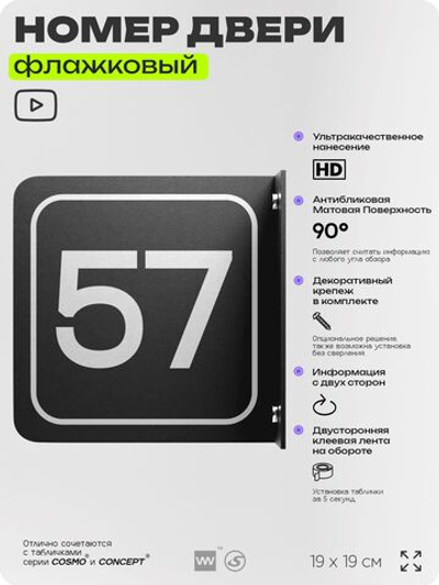 Табличка флажковая с номером 57 на дверь квартиры, для офиса, кабинета, аудитории, склада, черная двустороняя 19х19 см, Айдентика Технолоджи
