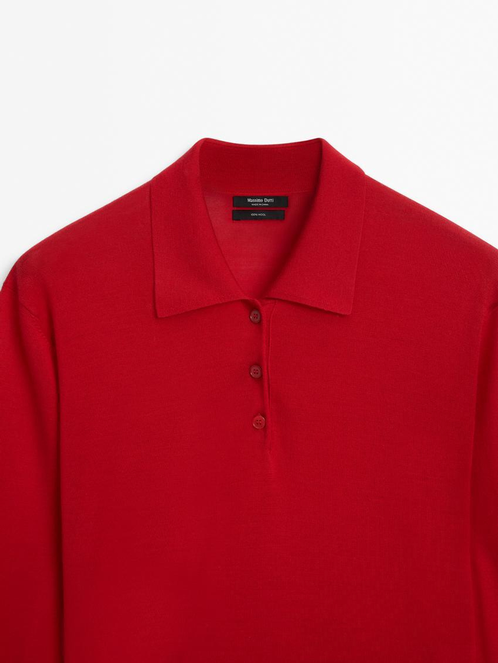 Massimo Dutti Свитер из 100% шерсти с воротником поло и пуговицами, красный