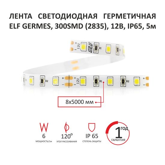 Лента светодиодная герметичная ELF GERMES, 300SMD (2835), 12В, IP65, 5 м, белая