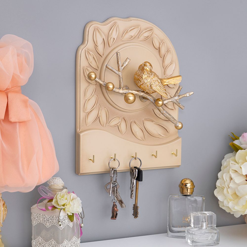 Полка - ключница Птичка Терра (мини) Айвори Мраморное золото