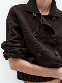 Massimo Dutti Двубортный трикотажный кардиган из 100% хлопка, коричневый