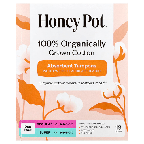 The Honey Pot Company, тампоны Duo-Pack из 100% органического хлопка, обычные и супер, 18 шт.