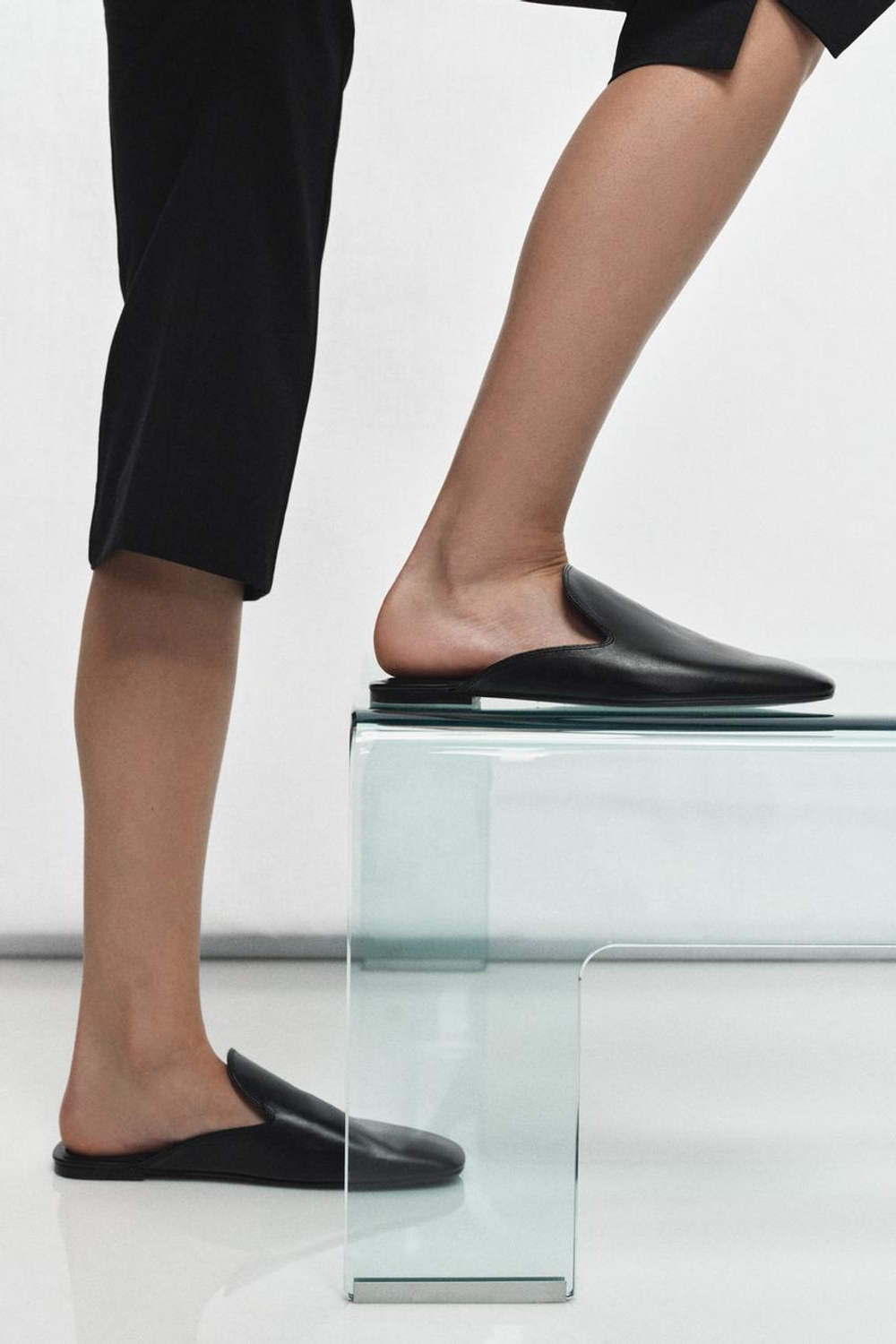 ZARA КОЖАНЫЕ МЮЛИ, ЧЕРНЫЙ