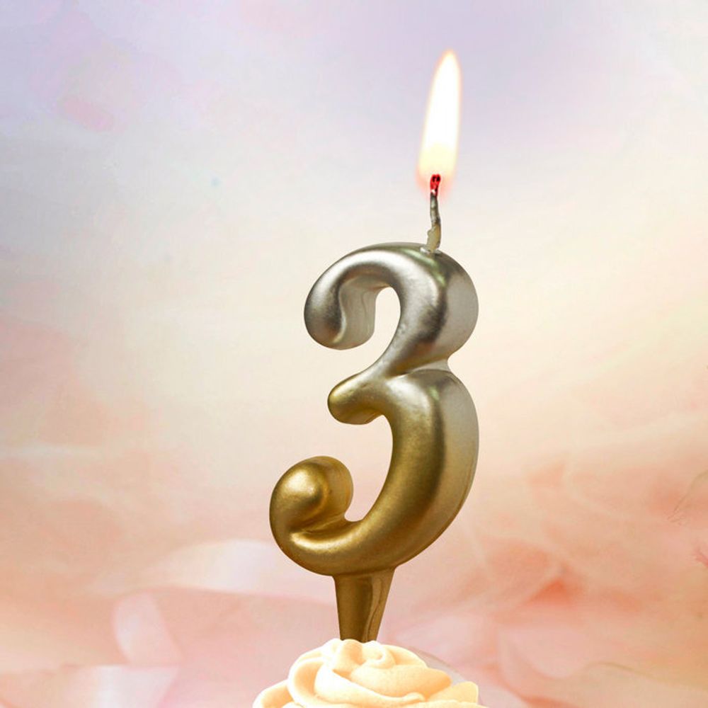 Свеча Цифра, 3, Золото/Серебро, Градиент, 8 см, 1 шт.