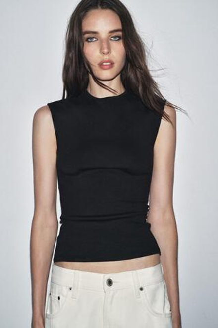 ZARA ФУТБОЛКА ИЗ ЭЛАСТИЧНОЙ ТКАНИ В РУБЧИК, ЧЕРНЫЙ