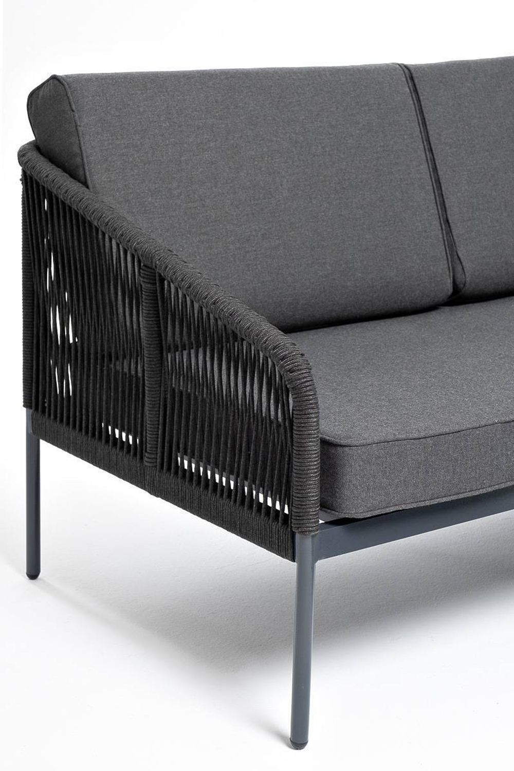 "Канны" правый модуль плетеный из роупа, каркас алюминий темно-серый (RAL7024) муар, роуп темно-серый круглый, ткань темно-серая 027