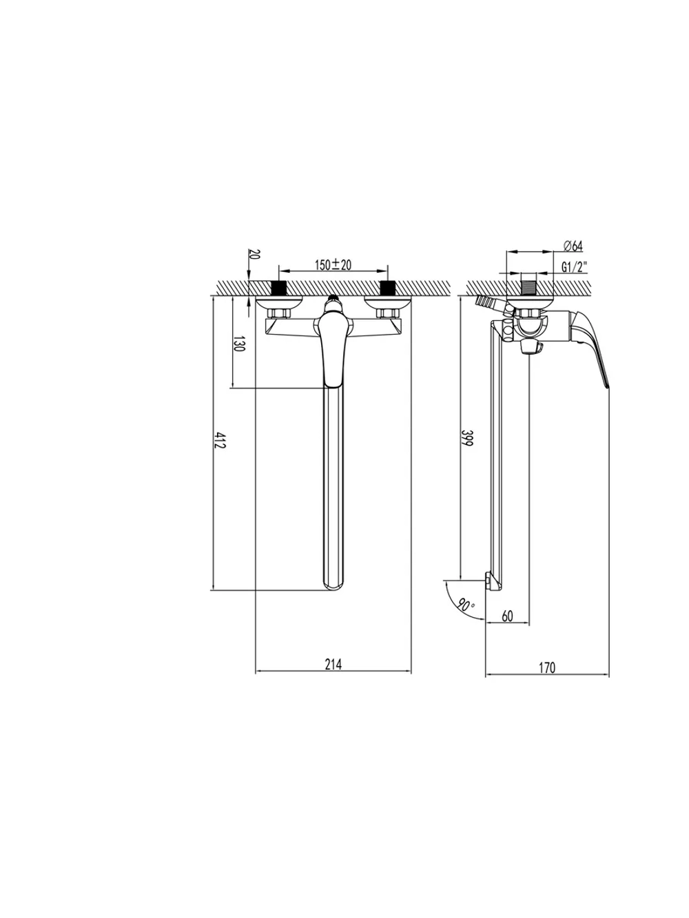 Смеситель для ванны с длинным изливом серии GO