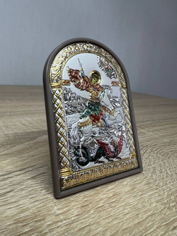 Георгий Победоносец, икона арочная, пластик коричневый, эмаль 62x88