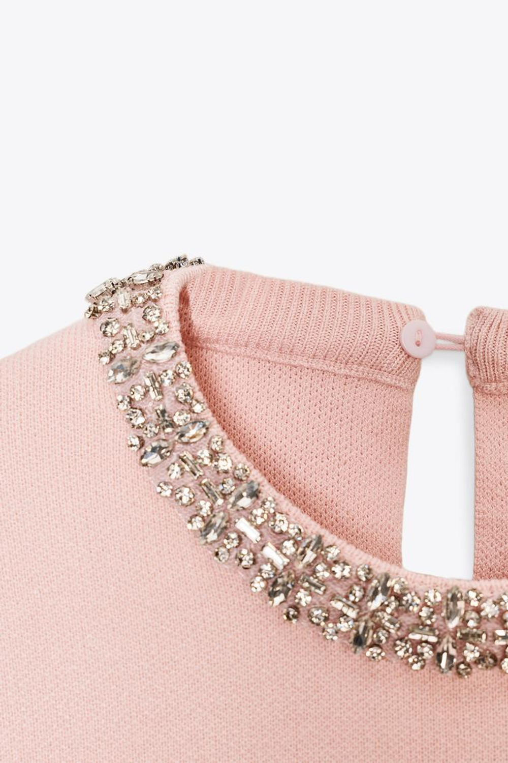 ZARA ТРИКОТАЖНЫЙ ТОП СО СТРАЗАМИ, ПАСТЕЛЬНО-РОЗОВЫЙ