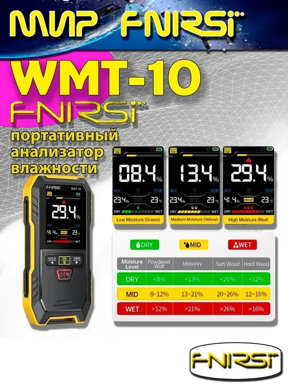 Измеритель влажности древесины FNIRSI WMT-10 цифровой бесконтактный 4 в 1