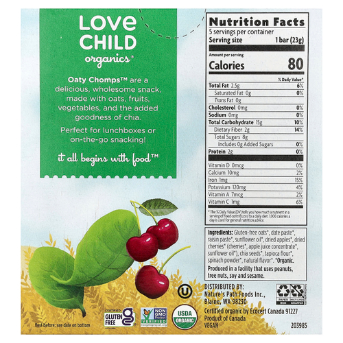 Love Child Organics, Nature's Path, органические батончики Oaty Chomps™, для детей от 12 месяцев, вишня и шпинат, 5 батончиков в индивидуальной упаковке, 23 г (0,8 унции)