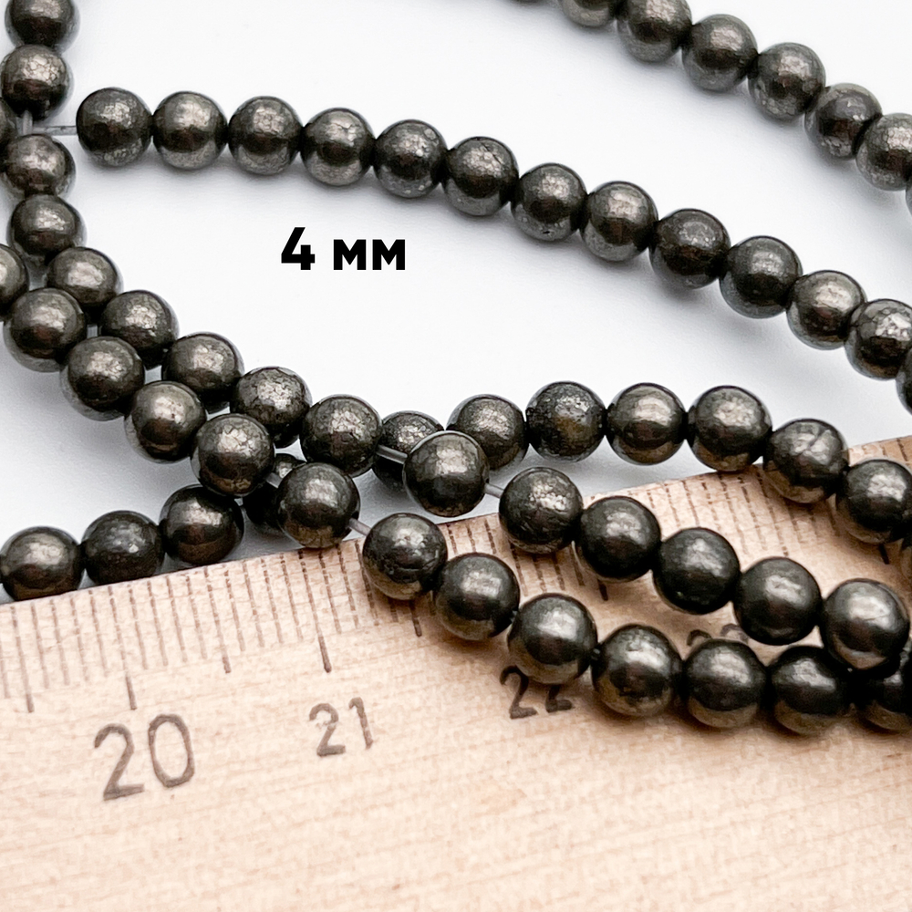 Пирит бусины, диаметр 4,3-4,5 мм, цена за отрезок 19 см (1/2 нити)