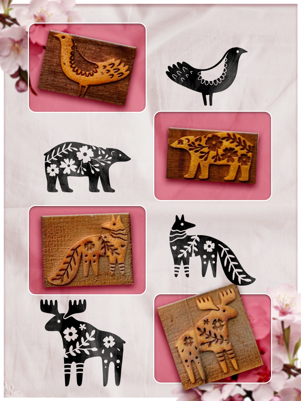 Комбо деревянные штампы 001, 002, 011, 014 + черная по ткани 20 мл