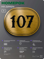Номерок на дверь квартиры 107, для кабинета, офиса, шильдик 9 х 7 см, золотистый, Айдентика Технолоджи