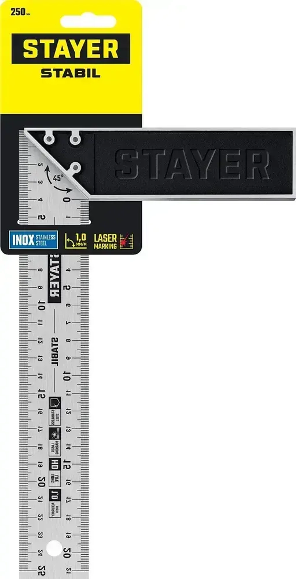 Профессиональный угольник с нержавеющим полотном, 250 мм // STAYER STABIL Professional