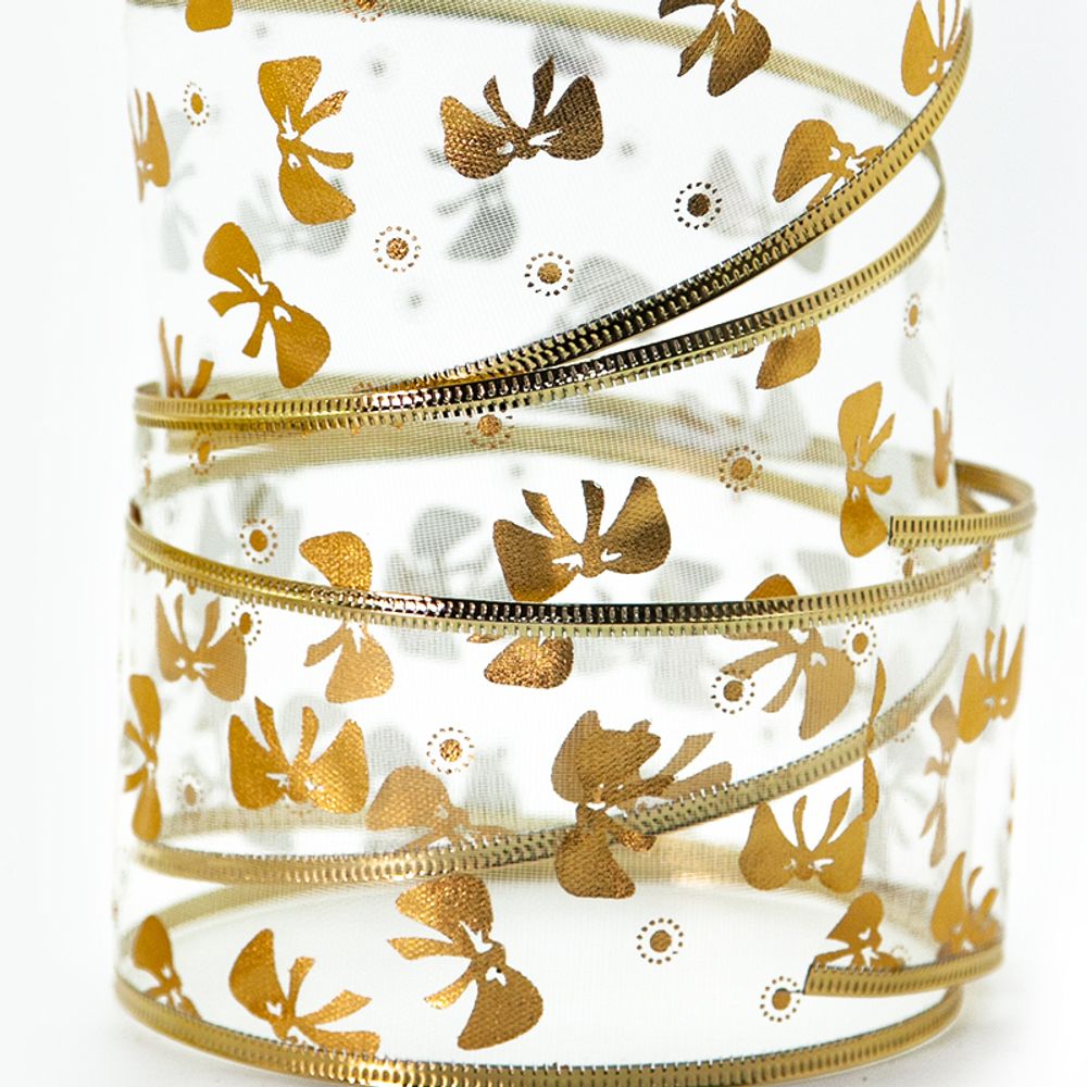 Лента декоративная (6 см*2,74 м) Ассорти дизайнов, Органза, Золото, 1 шт.