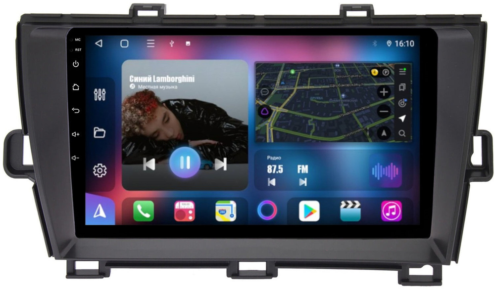 Магнитола для Toyota Prius 30 2009-2015 (левый руль, рамка черная) - FarCar BM3025M монитор 9.5" QLED на Android 14, TS10, 4+32Гб, CarPlay, 4G SIM-слот